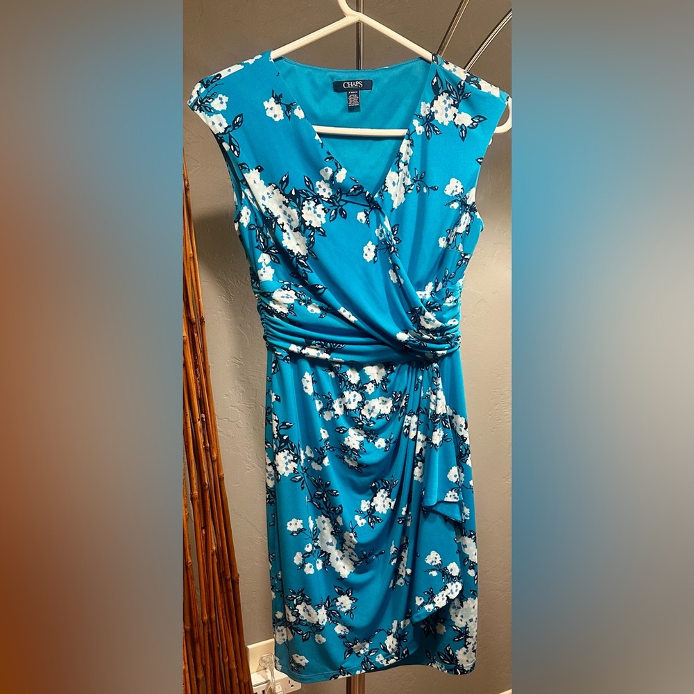 Chaps Blue Floral Faux-Wrap Dress